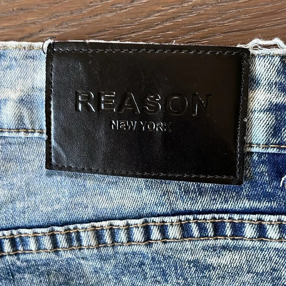 Reason Mens Blue Legend Born Graphic Paint Splatter Patch Straight Jeans Size 36 - Picture 12 of 12